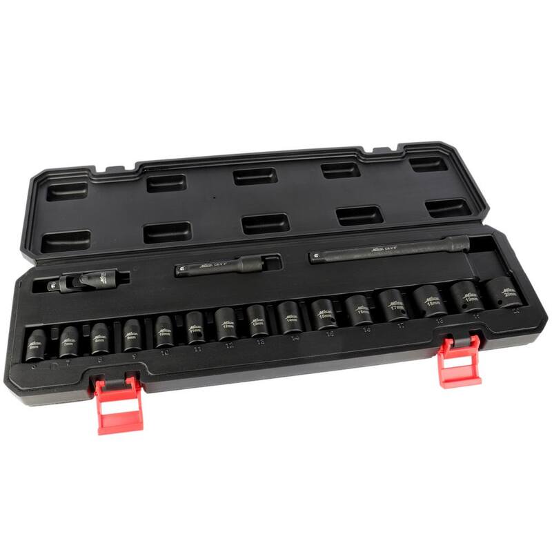 Juego de dados de impacto de 6 puntos de 3/8 pulgadas de Milton, medida de 6-20 mm, con junta universal y barras de extensión (18 piezas) - 1300-SS-01