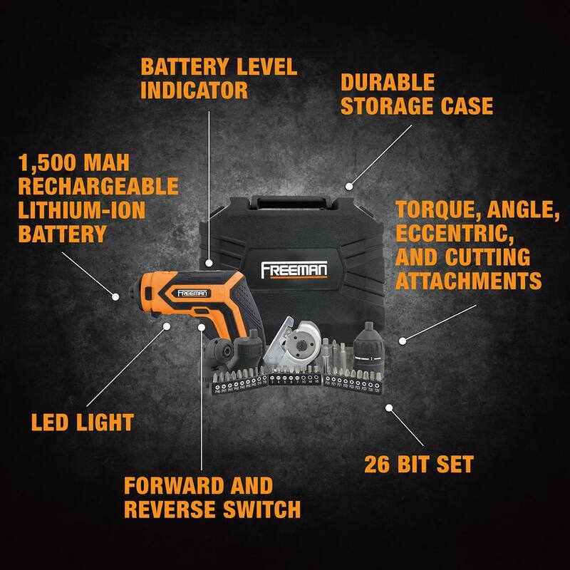 Destornillador eléctrico mini recargable inalámbrico de 1/4 de voltaje de litio de 3.6V Freeman con kit de cargador, accesorios, puntas hexagonales y estuche - P36VCMSK