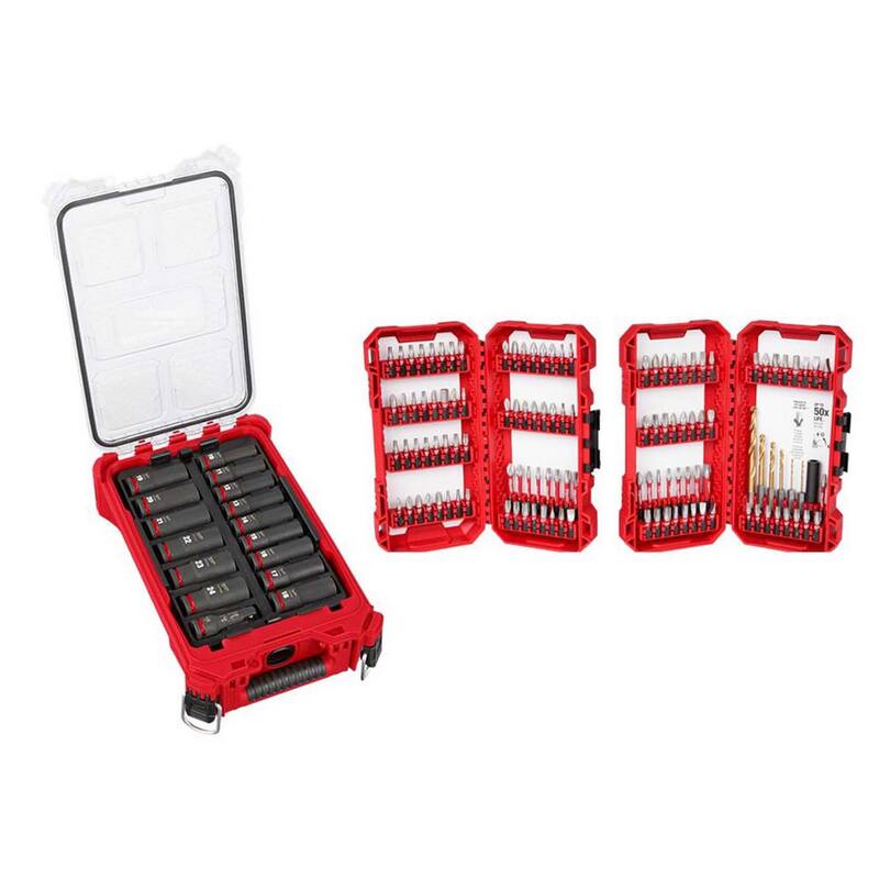 Juego de dados de impacto Milwaukee SHOCKWAVE de 1/2 pulg. Drive Metric Deep Well PACKOUT (16 piezas) con juego de puntas para destornillador (120 piezas) - 49-66-6803-48-32-5155