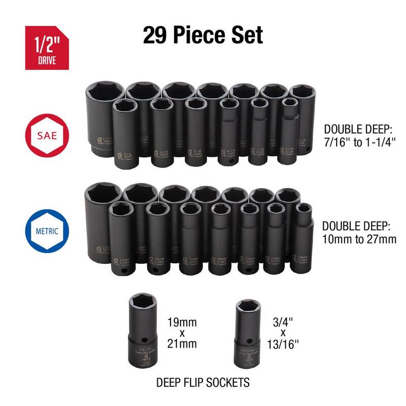 Juego de dados de impacto profundo métricos fraccionarios de 1/2 pulgadas de SUNEX TOOLS (29 piezas) - 5153DD