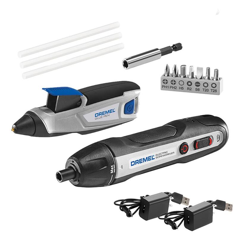 Destornillador eléctrico inalámbrico Dremel de 4V con conexión USB y pluma de pegamento inalámbrico de 4V con conexión USB - HSES-01 + HSGP-01.