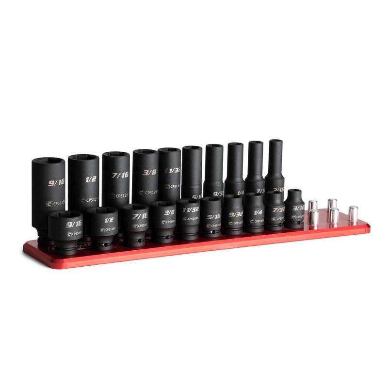 Juego de dados de impacto poco profundos y profundos de 1/4 de pulgada, 6 puntos, SAE con riel de aluminio mecanizado Capri Tools (20 piezas) - CP51000-20SSDR