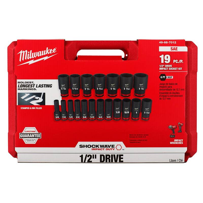 Set de 38 piezas de llaves de impacto de 1/2 pulgada de Milwaukee SHOCKWAVE de 6 puntos SAE - 49-66-7012.