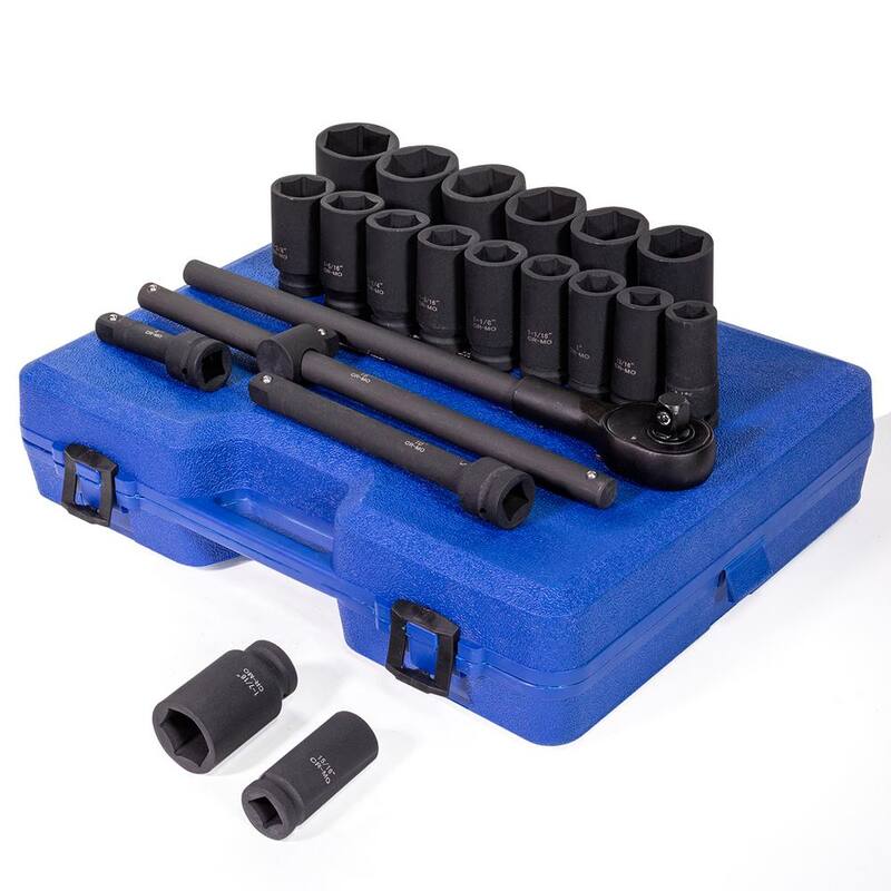 Juego de llaves de impacto profundo SAE de acero Cr-Mo de 3/4 de pulgada de accionamiento de Stark con barra de extensión, barra deslizante en T y estuche de transporte (22 piezas) - 35079
