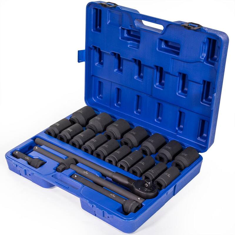 Juego de llaves de impacto profundo SAE de acero Cr-Mo de 3/4 de pulgada de accionamiento de Stark con barra de extensión, barra deslizante en T y estuche de transporte (22 piezas) - 35079