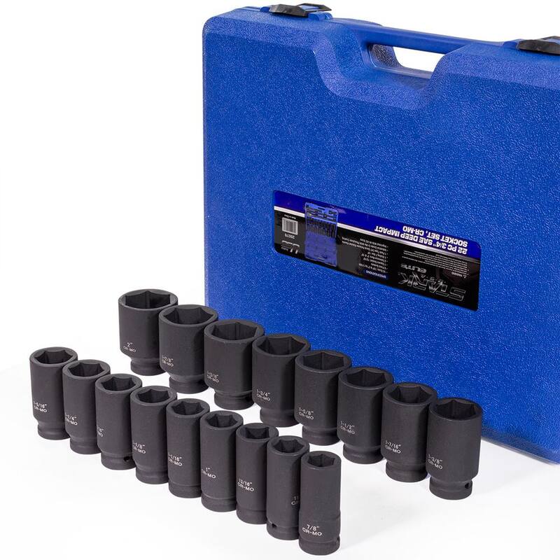 Juego de llaves de impacto profundo SAE de acero Cr-Mo de 3/4 de pulgada de accionamiento de Stark con barra de extensión, barra deslizante en T y estuche de transporte (22 piezas) - 35079