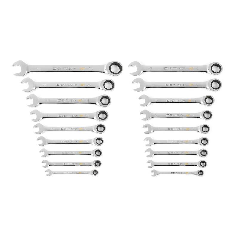 Set de llaves de trinquete combinadas profesionales GEARWRENCH SAE/MM de 90 dientes con bandeja (18 piezas) - 86698-06