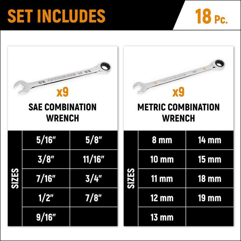Set de llaves de trinquete combinadas profesionales GEARWRENCH SAE/MM de 90 dientes con bandeja (18 piezas) - 86698-06