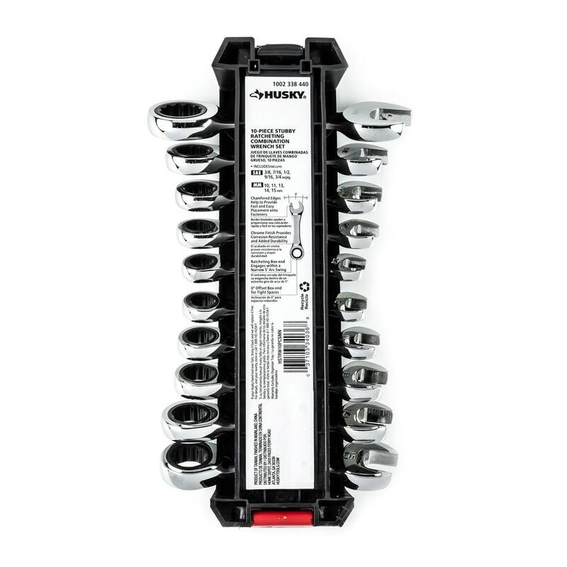 Juego de llaves de trinquete combinadas SAE/MM Husky Stubby (10 piezas) - HSTRW10PCSMN