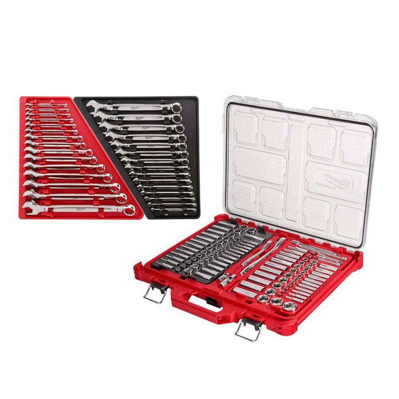 Juego de herramientas mecánicas Milwaukee de combinación de llaves SAE/métricas con juego de herramientas de trinquete/vasos SAE/métricos con estuche Packout (136 piezas) - 48-22-9415-48-22-9515-48-22-9486