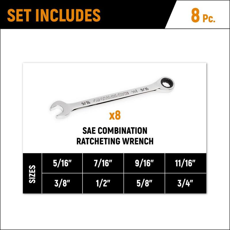 Set de herramientas combinadas de trinquete de 90 dientes en pulgadas GEARWRENCH con charola (8 piezas) - 86695-06