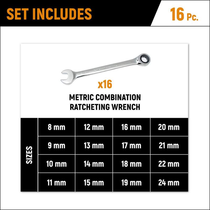 Juego de herramientas de llaves combinadas de trinquete métricas GEARWRENCH de 72 dientes (16 piezas) - 9416
