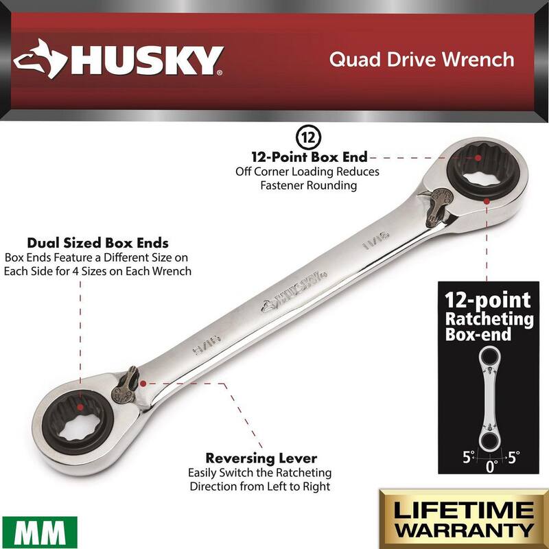 Juego de llaves combinadas Husky con trinquete de cuádruple accionamiento métrico (2 piezas) - HQRRW2PCMM