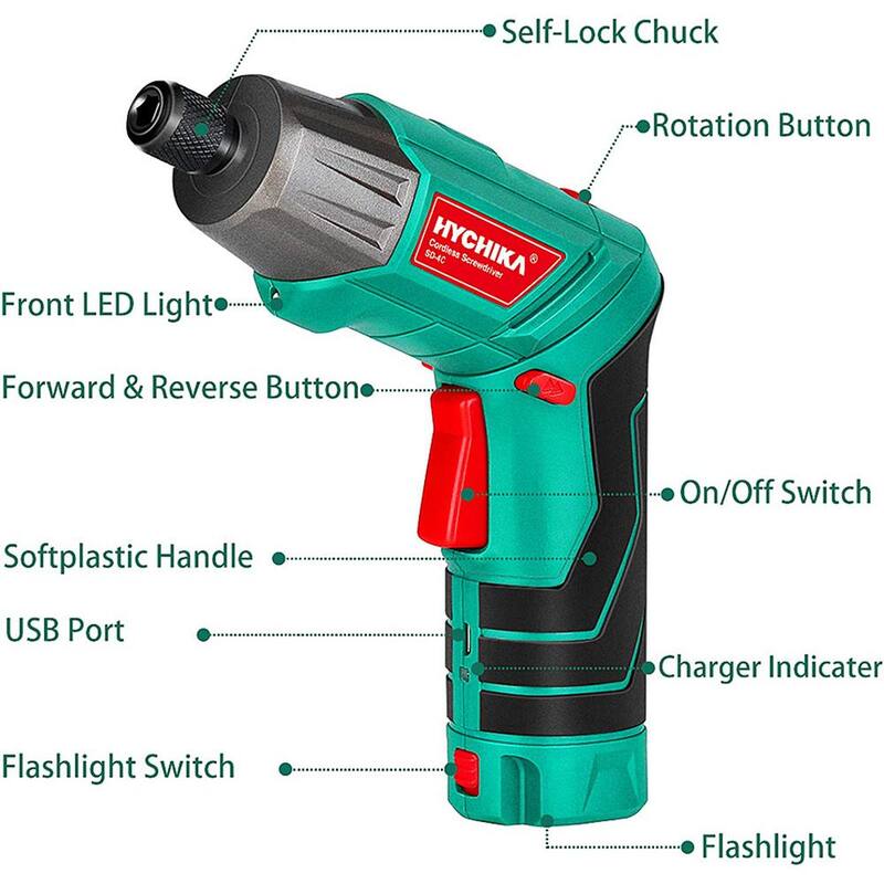 HYCHIKA Destornillador inalámbrico de 3.6 voltios 6 N.m 2.0 Ah Destornillador eléctrico Atornillador recargable Juego de brocas Pistola de tornillos Tamaño del portabrocas: 1/4 pulgadas - E0003US