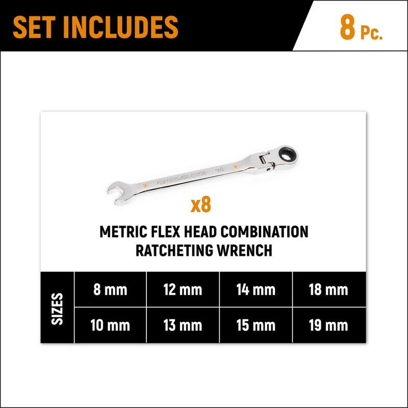 Juego de herramientas de llave de trinquete combinada de cabeza flexible de 90 dientes métrica GEARWRENCH con bandeja (8 piezas) - 86794