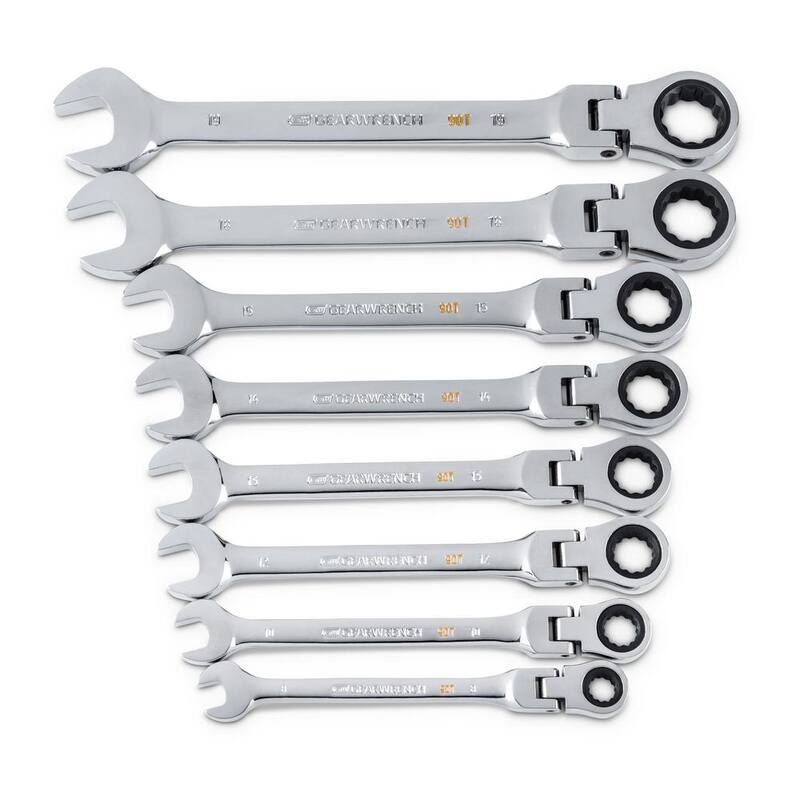 Juego de herramientas de llave de trinquete combinada de cabeza flexible de 90 dientes métrica GEARWRENCH con bandeja (8 piezas) - 86794