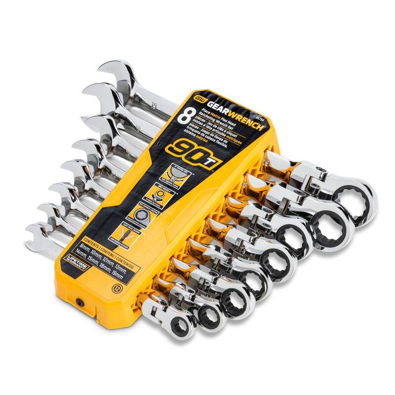 Juego de herramientas de llave de trinquete combinada de cabeza flexible de 90 dientes métrica GEARWRENCH con bandeja (8 piezas) - 86794