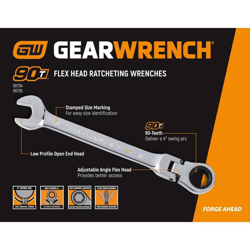 Juego de herramientas de llave de trinquete combinada de cabeza flexible de 90 dientes métrica GEARWRENCH con bandeja (8 piezas) - 86794
