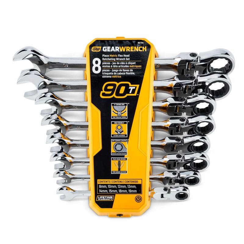 Juego de herramientas de llave de trinquete combinada de cabeza flexible de 90 dientes métrica GEARWRENCH con bandeja (8 piezas) - 86794