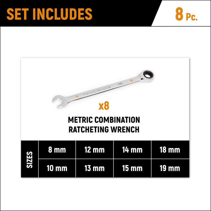 Juego de llaves de combinación de trinquete métrico de 90 dientes GEARWRENCH con bandeja (8 piezas) - 86694-06