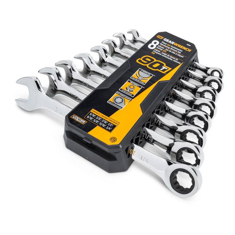 Juego de herramientas de llave de trinquete combinada de 90 dientes GEARWRENCH con charola (8 piezas) - 86695
