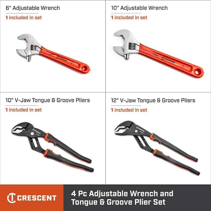 Llave ajustable Crescent (6 in. y 10 in.) y alicates de mordaza y de lengüeta (10 in. y 12 in.) Set (4 piezas) - AC610CRT4002CB