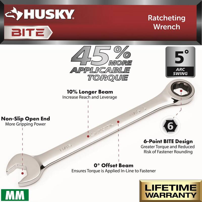 Juego de llaves de trinquete métricas de 72 dientes Husky BITE (8 piezas) - HBRW8XLM