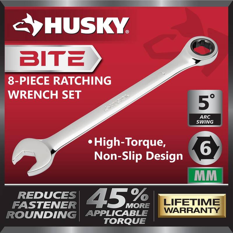 Juego de llaves de trinquete métricas de 72 dientes Husky BITE (8 piezas) - HBRW8XLM