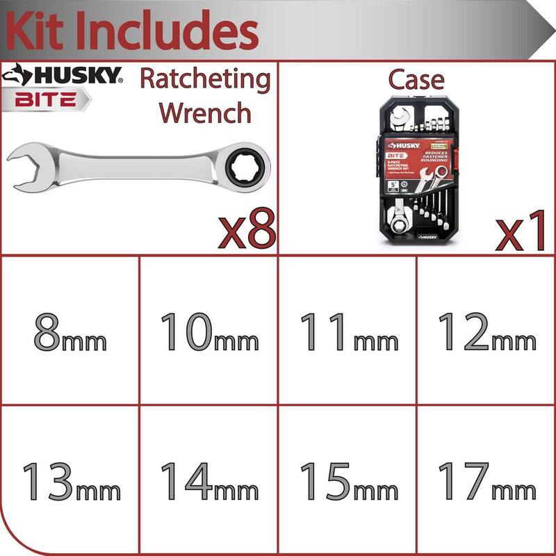 Juego de llaves de trinquete métricas de 72 dientes Husky BITE (8 piezas) - HBRW8XLM