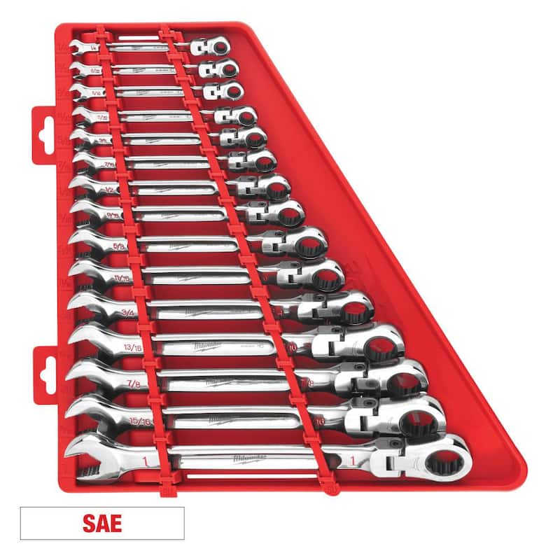 Juego de llaves combinadas de trinquete con cabeza flexible de 144 posiciones SAE (15 piezas) - 48-22-9413 de Milwaukee