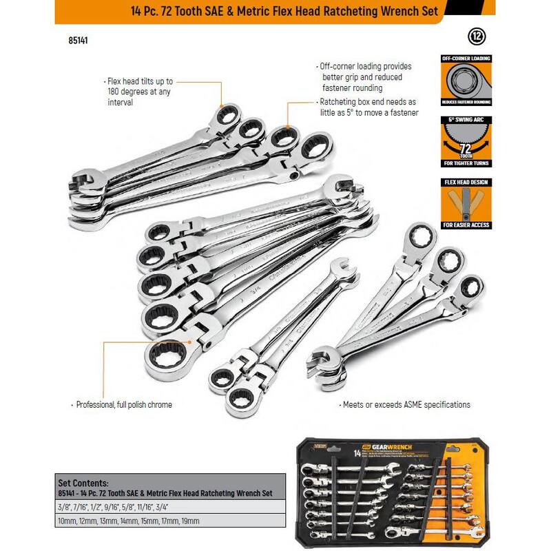 Juego de llaves de trinquete con cabeza articulada de 72 dientes en combinación de medidas estándar y métricas de GEARWRENCH (14 piezas) - 85141
