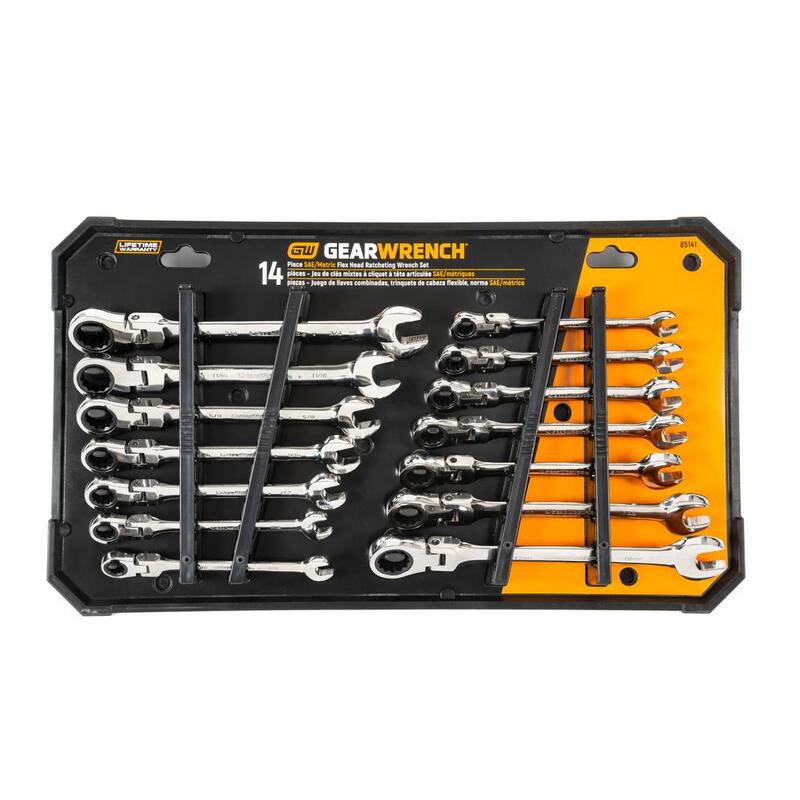 Juego de llaves de trinquete con cabeza articulada de 72 dientes en combinación de medidas estándar y métricas de GEARWRENCH (14 piezas) - 85141