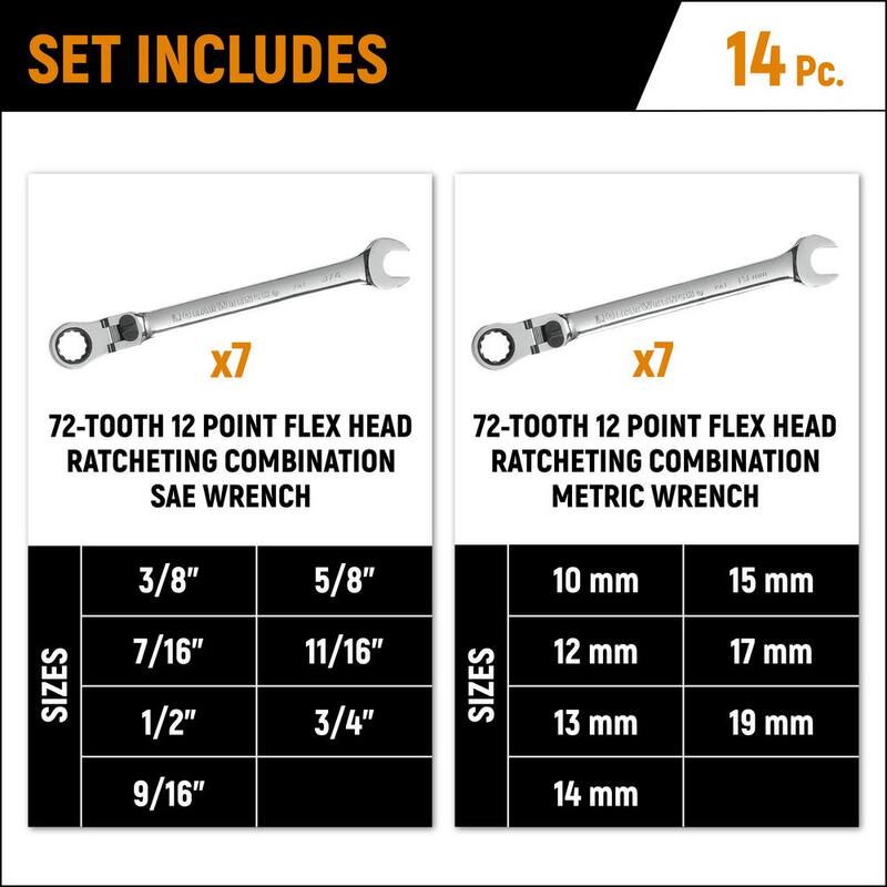 Juego de llaves de trinquete con cabeza articulada de 72 dientes en combinación de medidas estándar y métricas de GEARWRENCH (14 piezas) - 85141