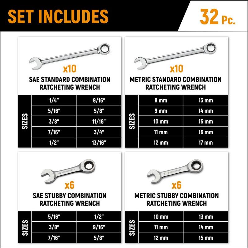 Juego de llaves combinadas de trinquete métricas/SAE de 72 dientes de GEARWRENCH (32 piezas) - 39327