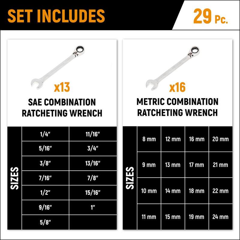 Set de herramientas combinadas de trinquete reversible de 72 dientes Métrico/SAE GEARWRENCH (29 piezas) - 965029C