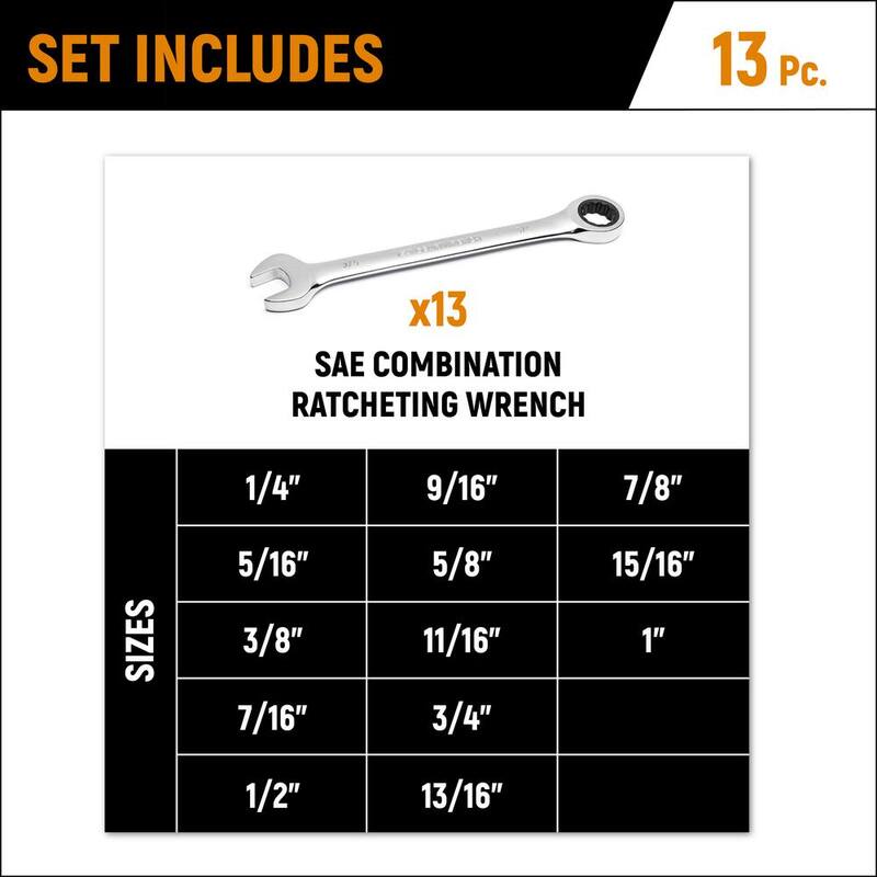 Set de llaves combinadas con trinquete de 72 dientes GEARWRENCH SAE (13 piezas) - 9312