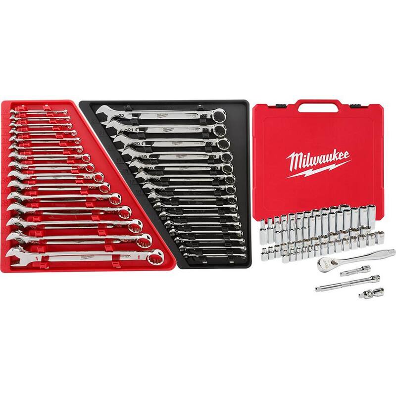 Juego de Llaves Combinadas Milwaukee en Pulgadas y Métricas con Matraca de 3/8 pulgadas y Juego de Herramientas Mecánicas con Llaves de Vaso (86 Piezas) - 48-22-9515-48-22-9415-48-22-9008
