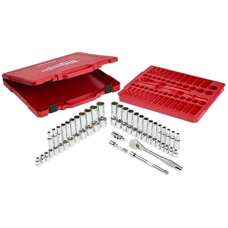Juego de Llaves Combinadas Milwaukee en Pulgadas y Métricas con Matraca de 3/8 pulgadas y Juego de Herramientas Mecánicas con Llaves de Vaso (86 Piezas) - 48-22-9515-48-22-9415-48-22-9008