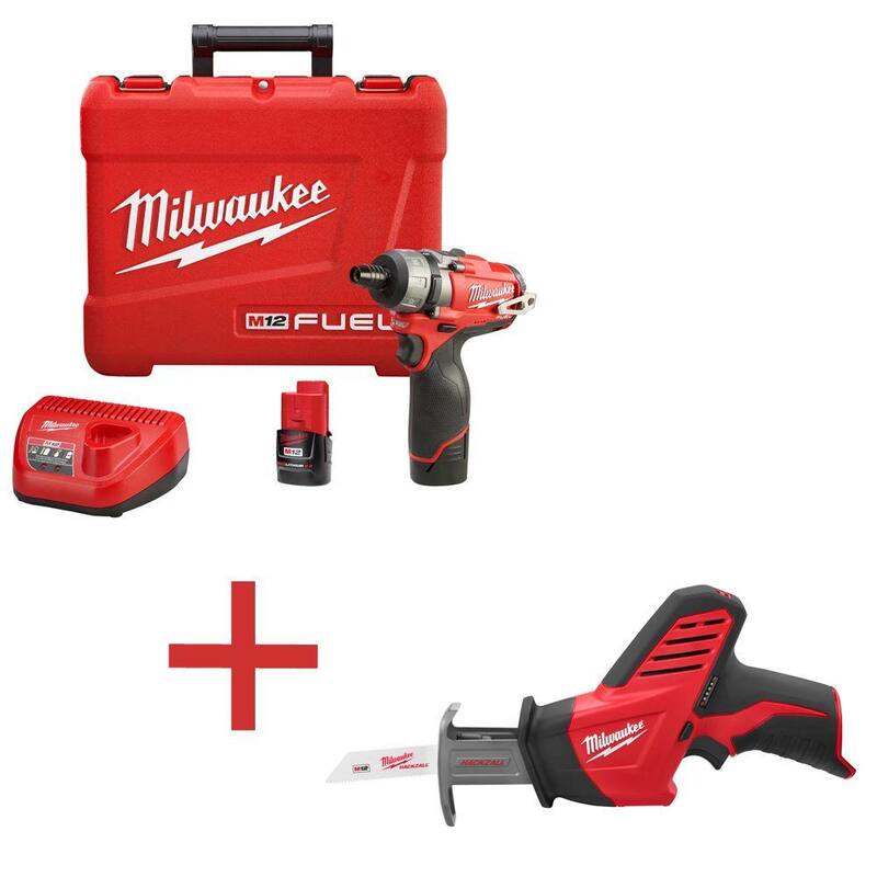 Milwaukee M12 FUEL 12-Volt Lithium-Ion 1/4 in. Hex Cordless Screwdriver Kit with M12 HACKZALL Sierra Sable Recíproca (Herramienta solamente) - 2402-22-2420-20.