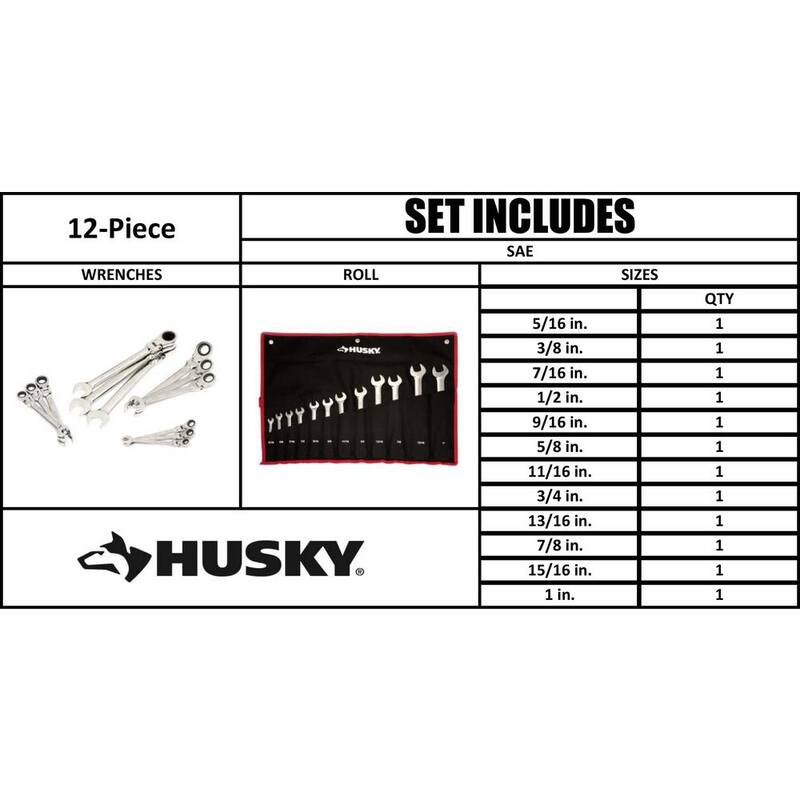 Juego de llaves de trinquete flexibles maestras SAE con cabeza giratoria de 72 dientes de Husky (12 piezas) - HFRW12PCSAE