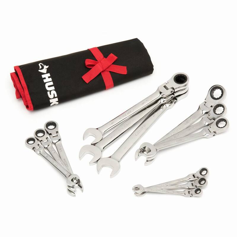 Juego de llaves de trinquete flexibles maestras SAE con cabeza giratoria de 72 dientes de Husky (12 piezas) - HFRW12PCSAE