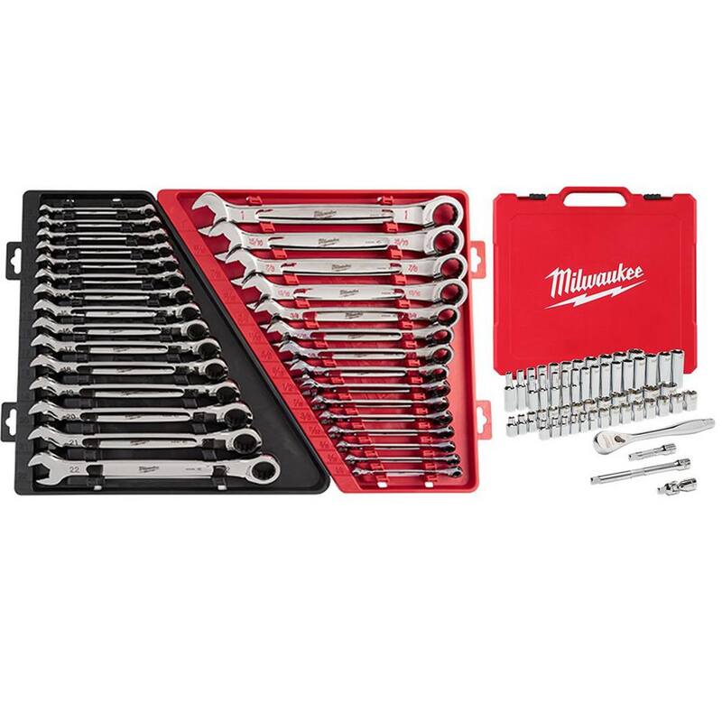 Llaves de trinquete combinadas SAE/métricas de Milwaukee con juego de herramientas para mecánicos de trinquete y llave de dado SAE/métrica de 3/8 pulgadas (86 piezas) - 48-22-9416-48-22-9516-48-22-9008