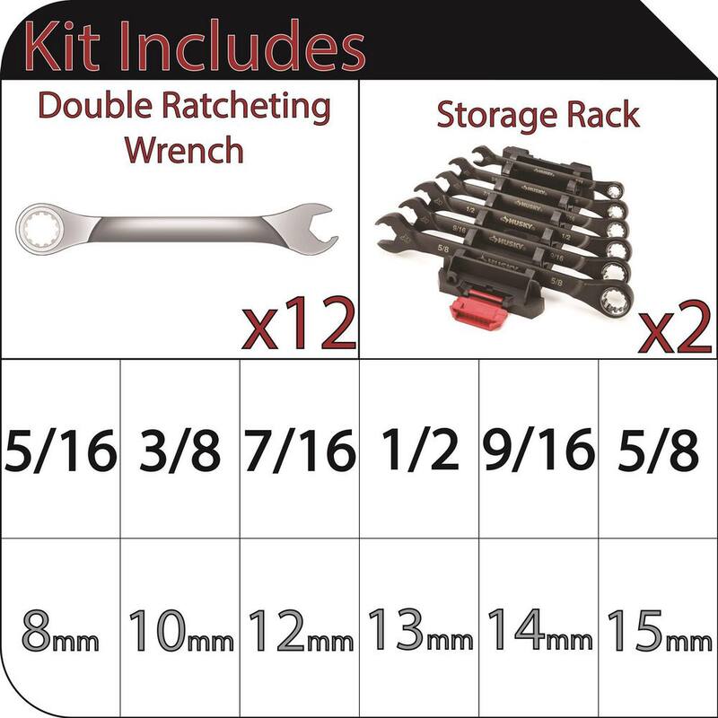 Set de llaves de trinquete doble de 100 posiciones Husky SAE/MM (12 piezas) - H100DRW12PCN