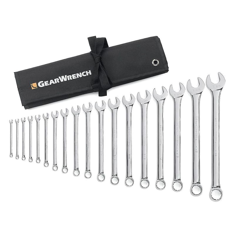 Juego de llaves combinadas de patrón largo de 12 puntos SAE de GEARWRENCH con estuche enrollable (18 piezas) - 81917