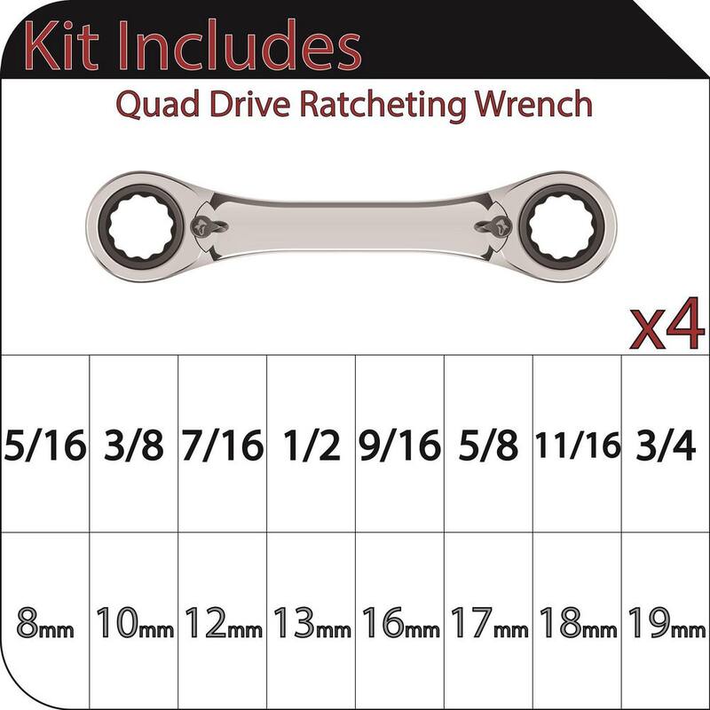 Juego de llaves de trinquete Husky SAE/MM Quad Drive (4 piezas) - HQRRW4PC