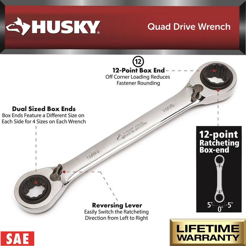 Juego de llaves de trinquete Husky SAE/MM Quad Drive (4 piezas) - HQRRW4PC