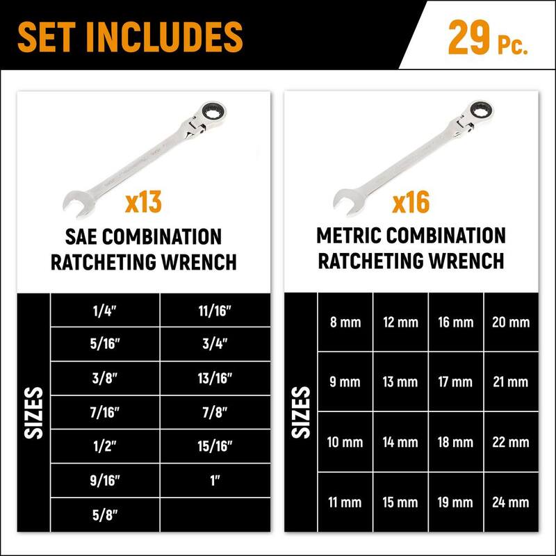 Set de llaves combinadas de trinquete de cabeza flexible métricas/SAE de 12 puntos de GEARWRENCH (29 piezas) - 97929DC