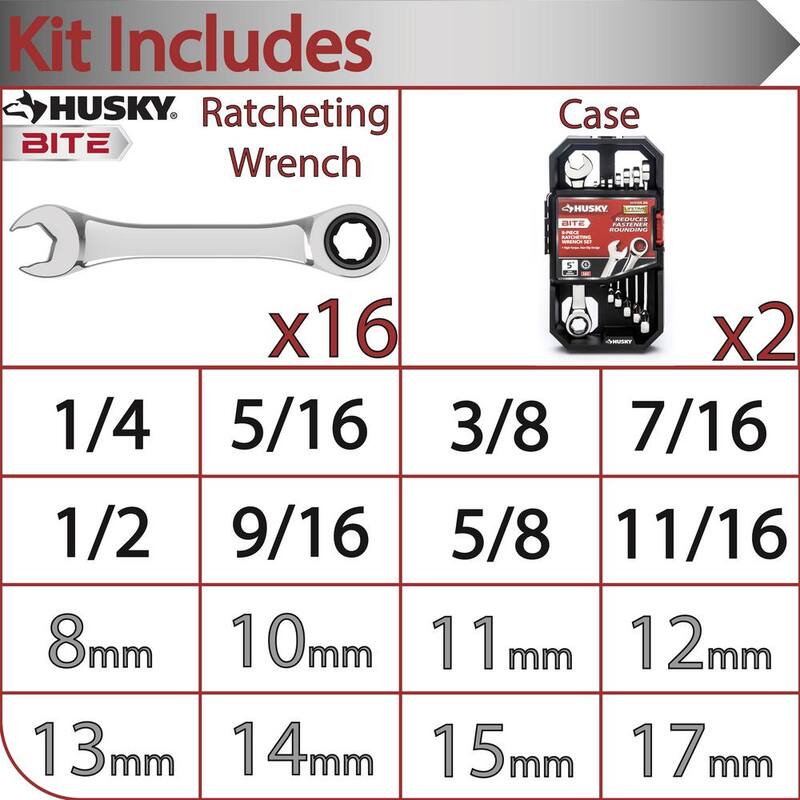 Juego de llaves de trinquete Husky BITE SAE y métricas de 72 dientes (16 piezas) - HBRW16XLSMCB