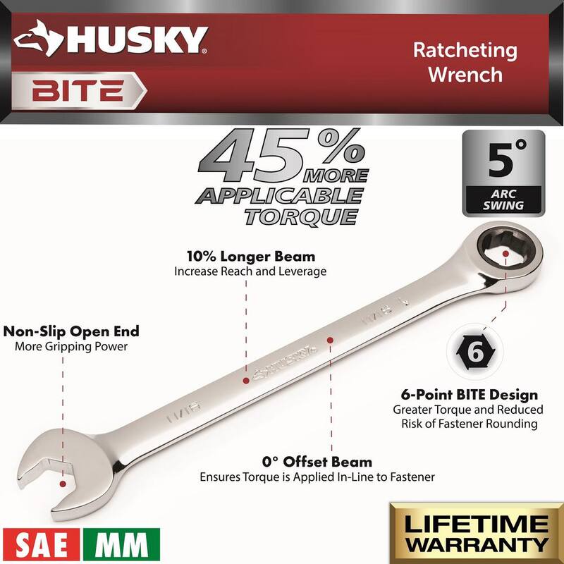 Juego de llaves de trinquete Husky BITE SAE y métricas de 72 dientes (16 piezas) - HBRW16XLSMCB