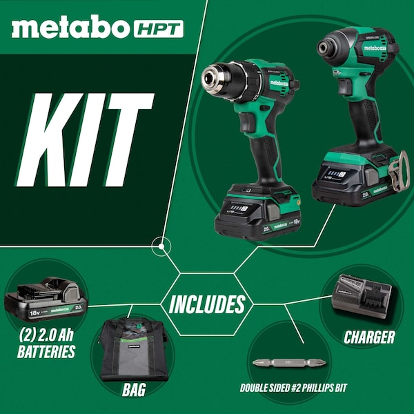 Metabo Hpt 18V MV Cordless Brushless Driver Drill / Impact Driver 2 x 2.0Ah  #2 Phillips Bit & Bag - KC18DEXQBM